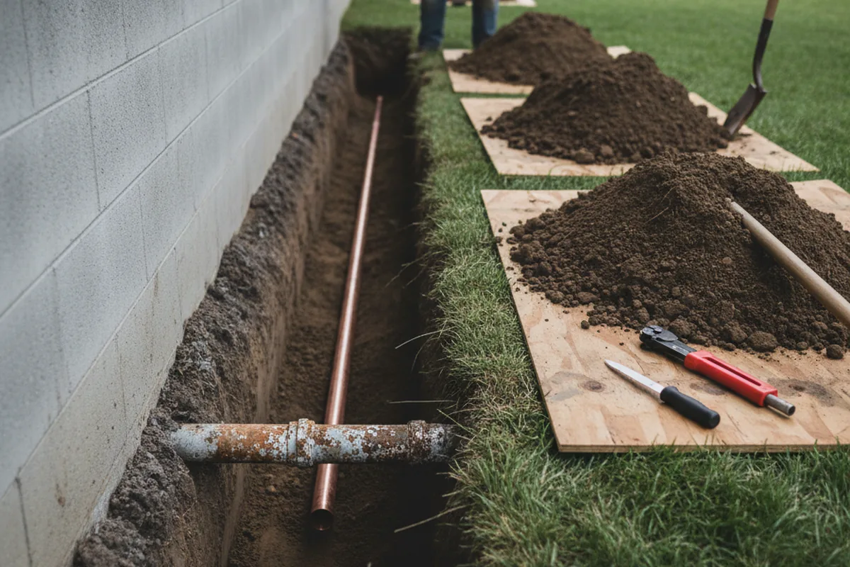 Excavated water line trench during Sewer Line Repair in South Kent